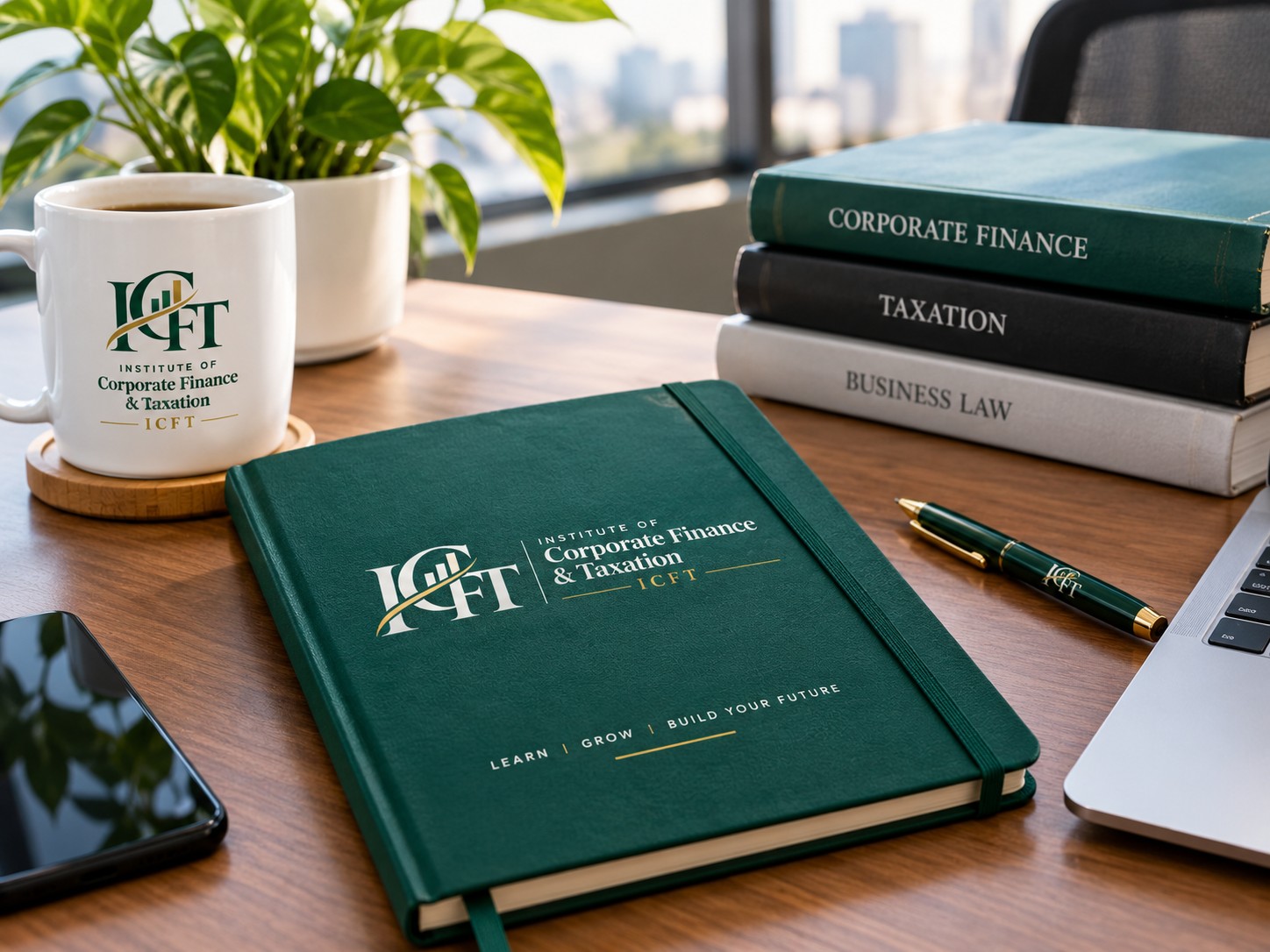 ICFT branded notebook on an office desk